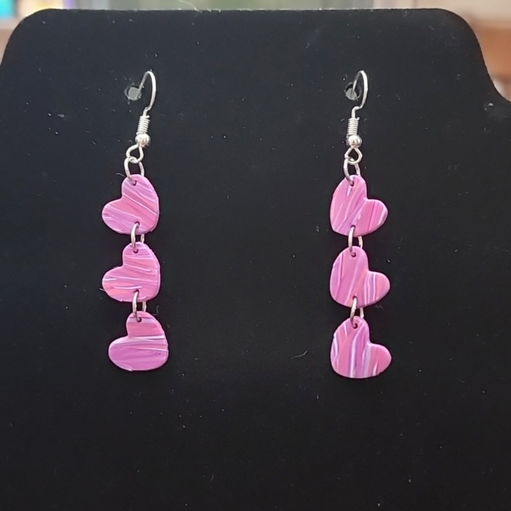 Clay Polymer Pink Heart Woodgrained Dangling Earrings